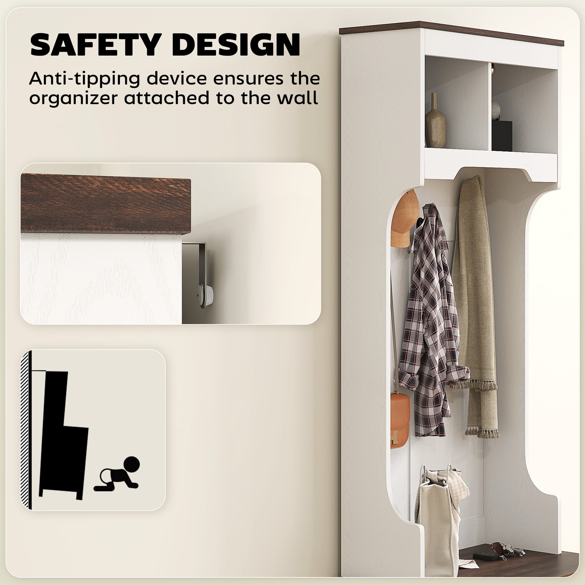 3-in-1 Hall Tree with Shoe Storage, Coat Rack with Bench, Entryway Furniture with Five Hooks, White Wood Grain