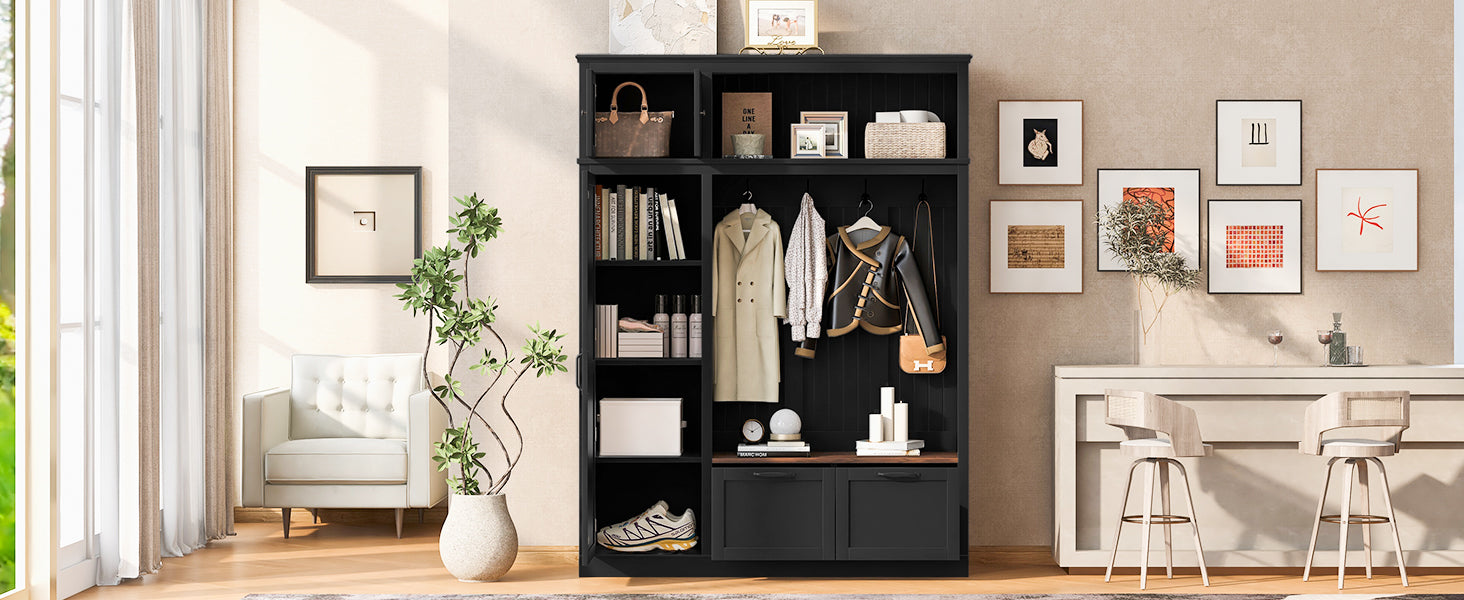 3-in-1 Hall Tree With Overhead Storage Cabinet, 3 Adjustable Side Shelves, 4 Heavy-Duty Hooks, 2 Spacious Drawers, Grooved Back Panel Design, Contrasting Seat Bench, Multifunctional Entryway Organizer