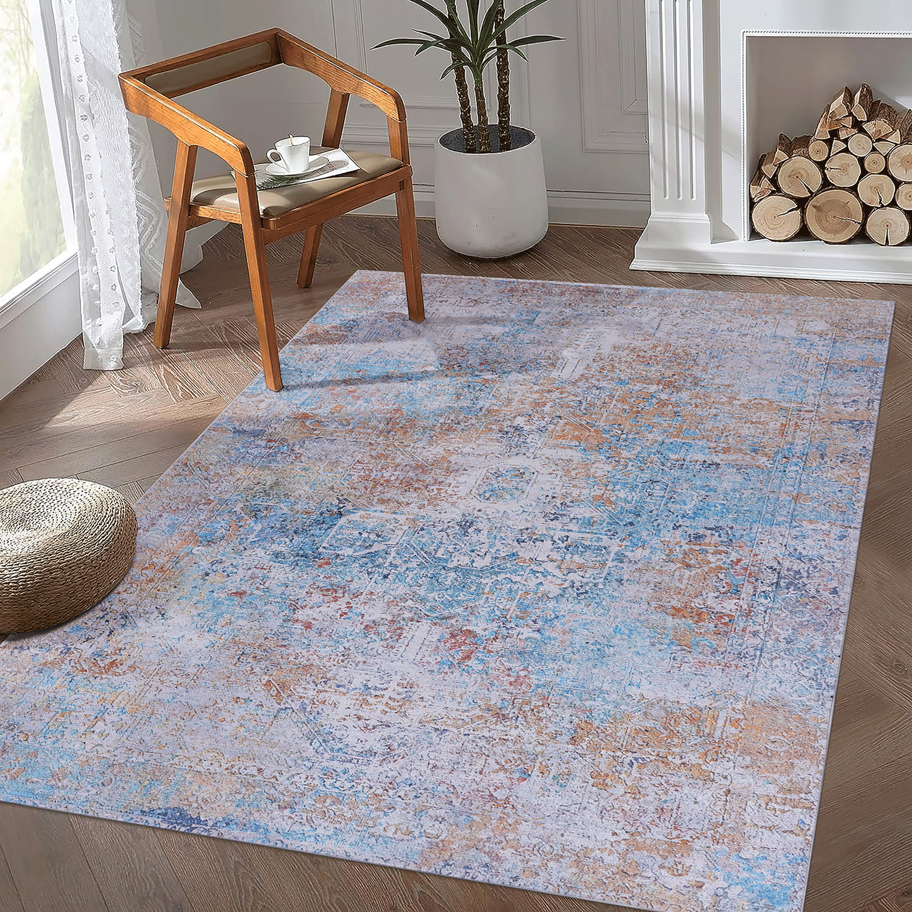 MAVAL Yellow Washable Rug 8x10 Area Rug  Yellow, 8' X 10'