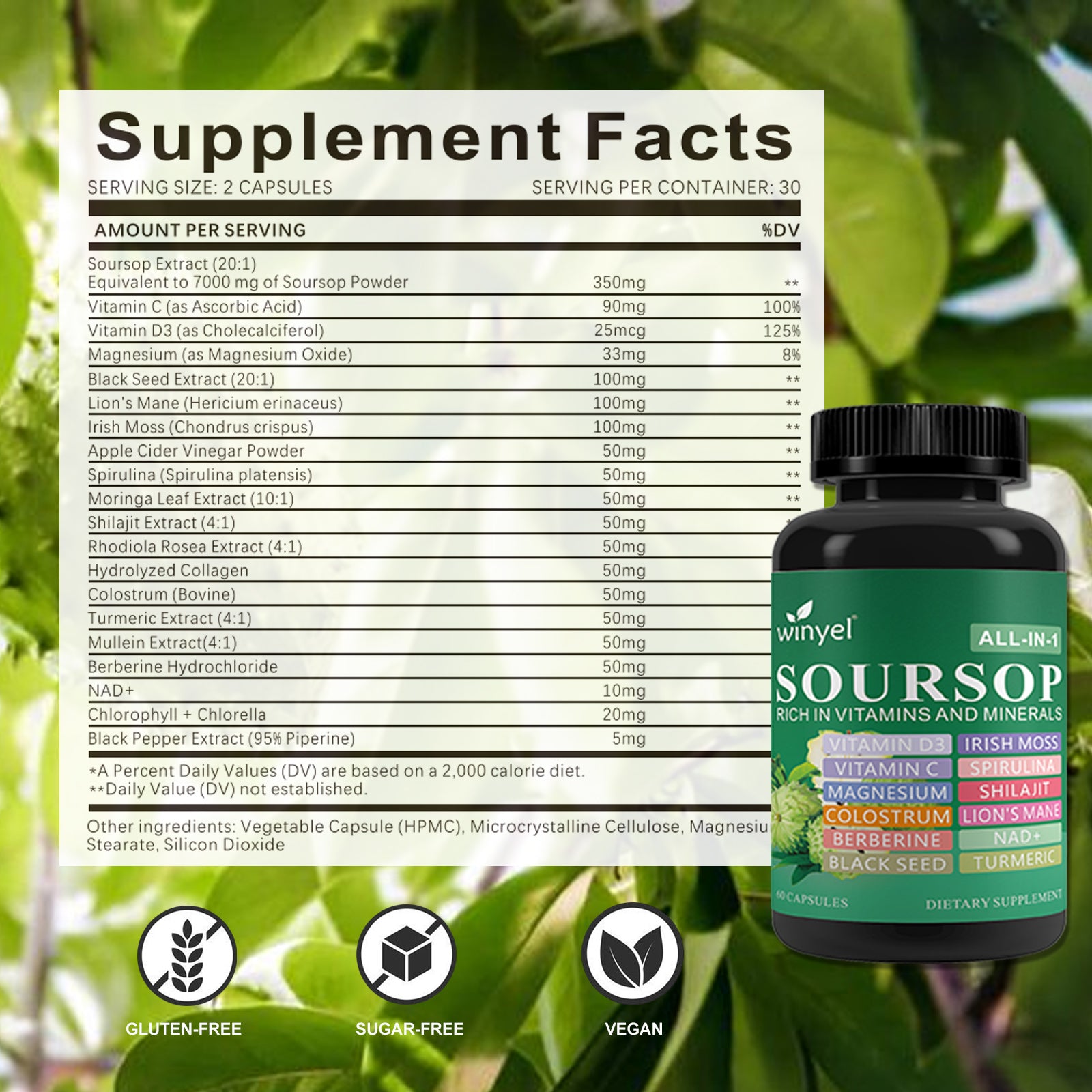 WINYEL Soursop Supplement – 60 Capsules, 20 Herbal Extracts, Vegan
