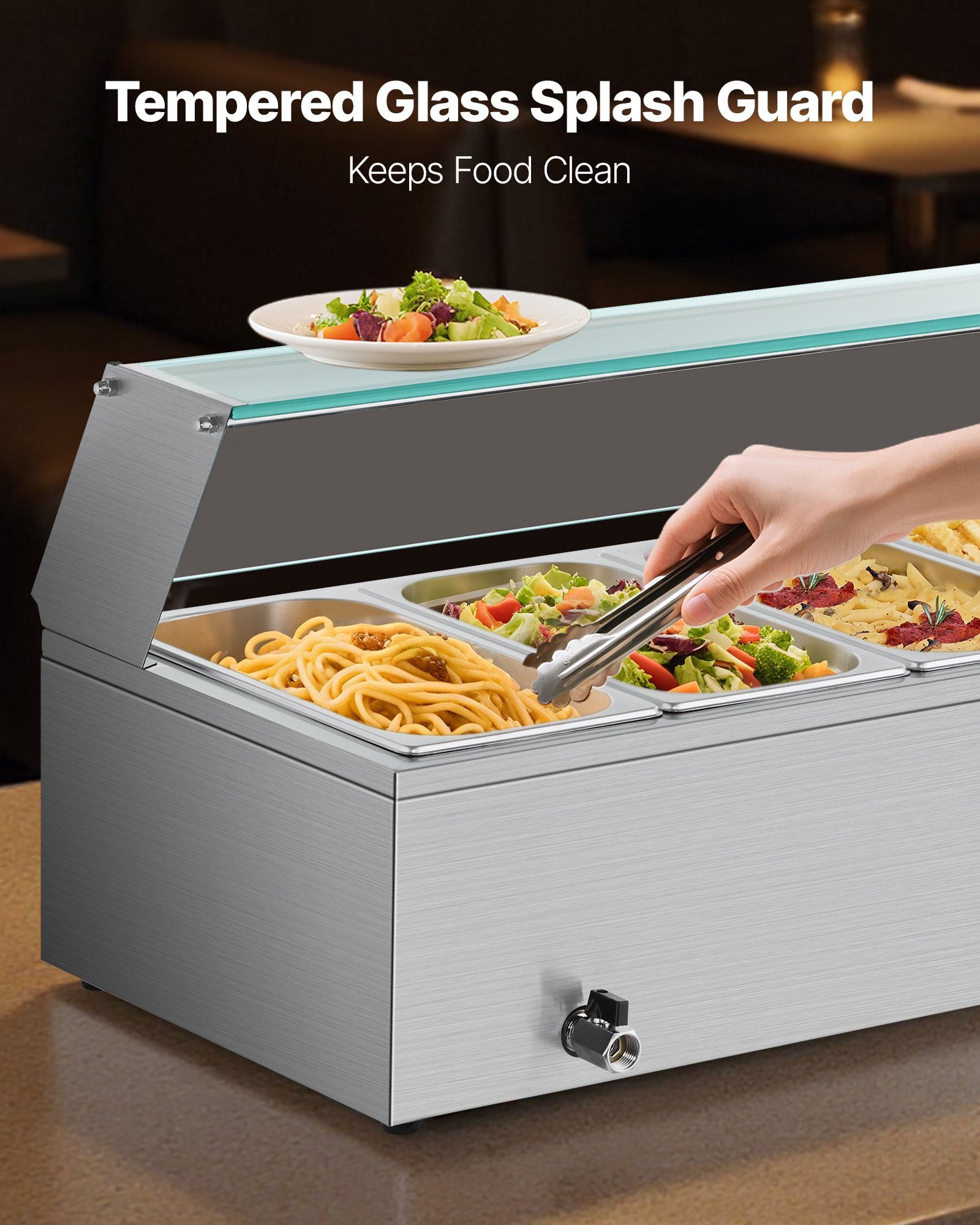 Commercial Food Warmer 6 X 1/3 Size Pans Buffet Bain Marie With Glass Cover