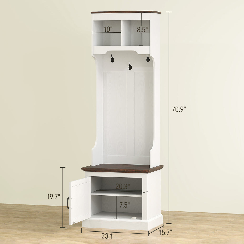 3-in-1 Hall Tree with Shoe Storage, Coat Rack with Bench, Entryway Furniture with Five Hooks, White Wood Grain