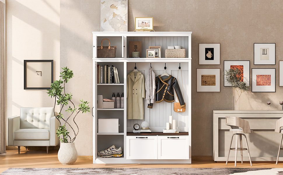 3-in-1 Hall Tree With Overhead Storage Cabinet, 3 Adjustable Side Shelves, 4 Heavy-Duty Hooks, 2 Spacious Drawers, Grooved Back Panel Design, Contrasting Seat Bench, Multifunctional Entryway Organizer