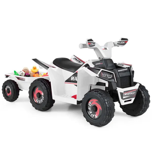 2 In 1 Kids Ride On ATV With Removable Trailer, 6V Electric Quad For Toddlers Ages 3+ White