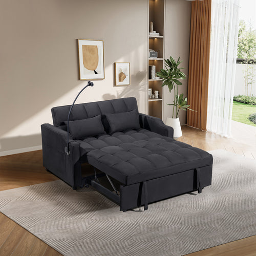 1 Multifunctional Foldable Sofa Bed With 3 Different Lengths, Modern Sofa, Upgraded Suede Fabric, Adjustable Backrest, Black Color With USB Port And Rotating Telephone Stand