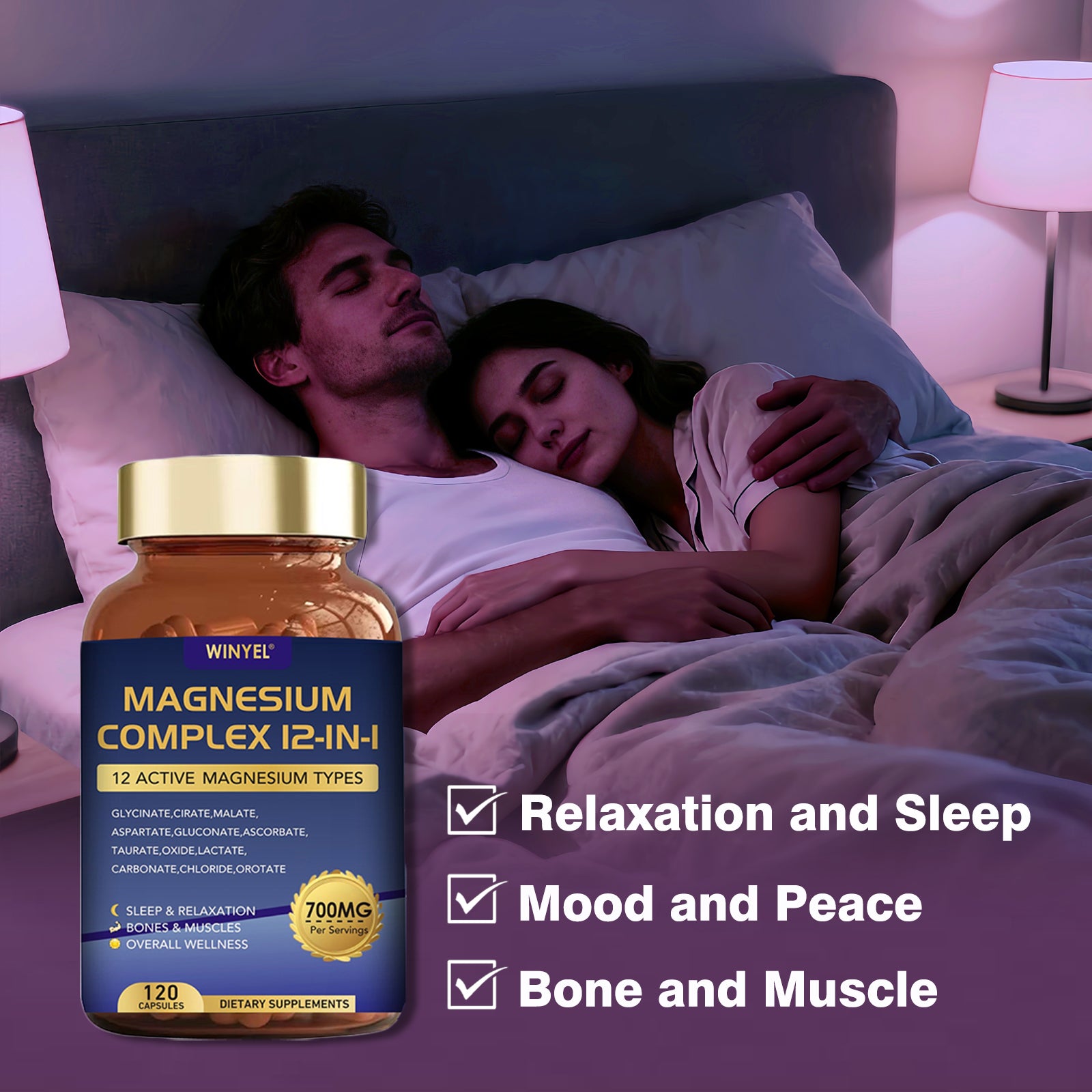 WINYEL Magnesium Complex 700mg 12 In 1 Magnesium Supplement With Glycinate, Citrate, Malate, Sleep, Calm, Muscle Relaxation, Heart Health Support, Vegan 120 Capsules