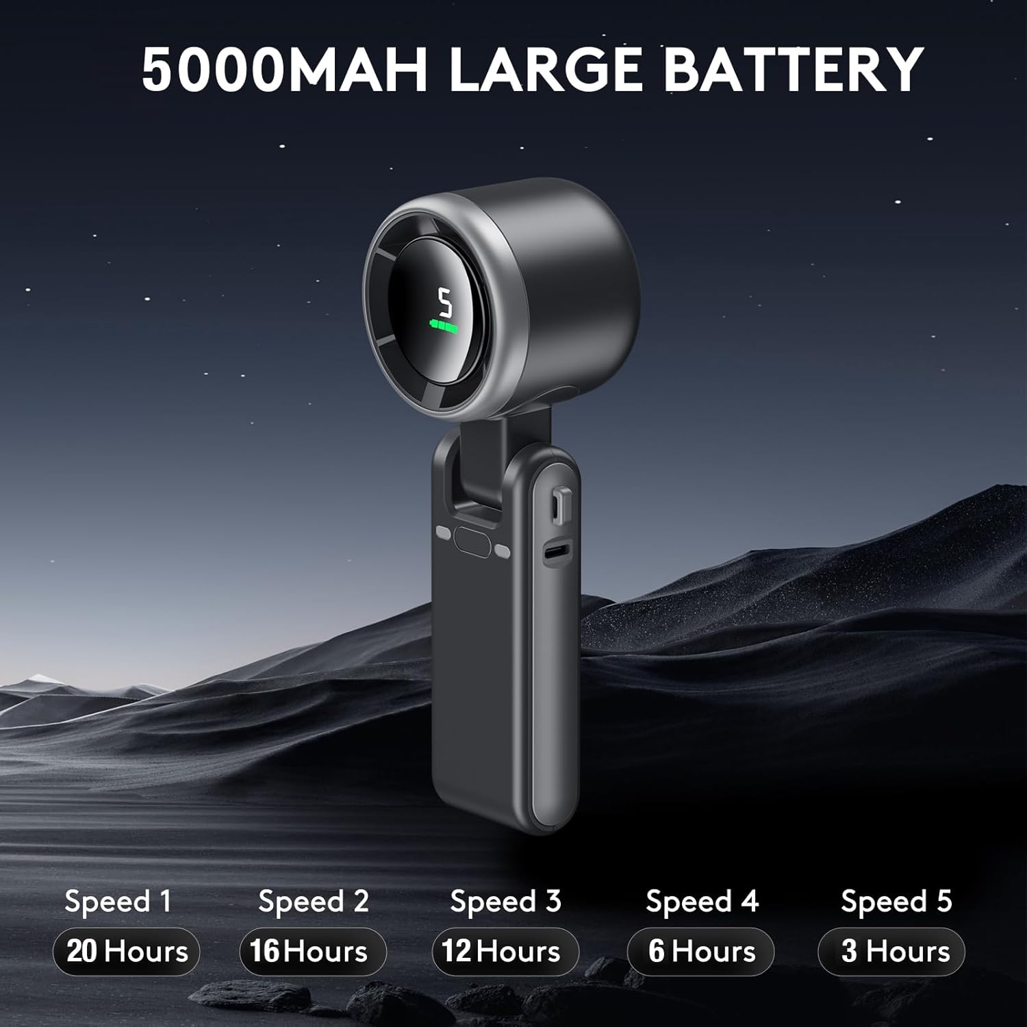 3-in-1 Portable Turbo Fan – 5-Speed, 2500mAh USB Rechargeable