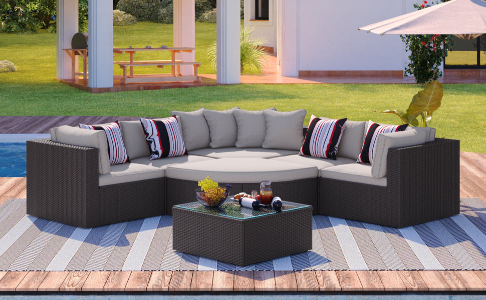 7-Piece Outdoor Wicker Sofa Set – Rattan Patio Furniture with Colorful Pillows