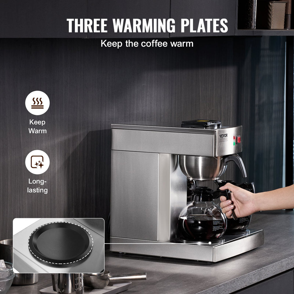 12 Cups Commercial Drip Coffee Maker With 3 Glass Carafes And 3 Warmers Office