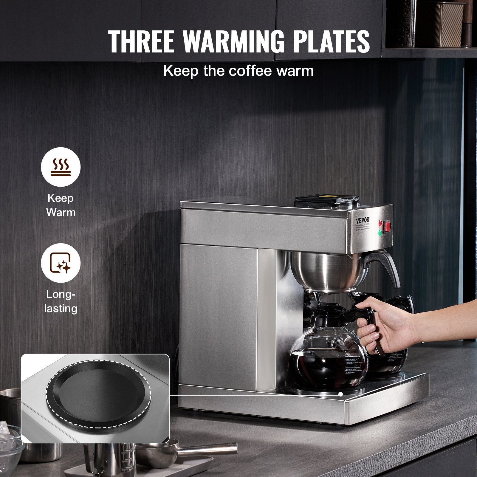 12 Cups Commercial Drip Coffee Maker With 3 Glass Carafes And 3 Warmers Office