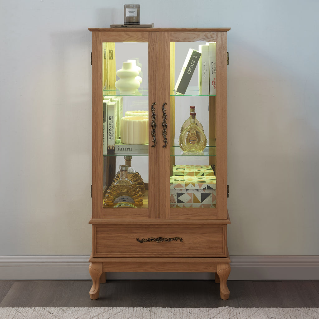 Lighted Curio Cabinet - Elegant Glass Display Cabinet With Adjustable Shelves, 2 Doors, And 1 Drawer - Wine Storage Sideboard With Included Bulb - Light Oak Finish
