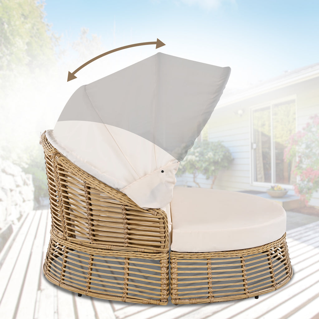 Outdoor Patio Rattan Round Daybed With Retractable Canopy, Wicker Furniture Round Poolside Sofa Sunbed With Removable Cushions, Backyard, Porch, Beige