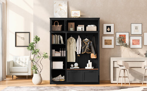 3-in-1 Hall Tree With Overhead Storage Cabinet, 3 Adjustable Side Shelves, 4 Heavy-Duty Hooks, 2 Spacious Drawers, Grooved Back Panel Design, Contrasting Seat Bench, Multifunctional Entryway Organizer