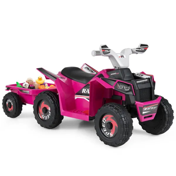 2 In 1 Kids Ride On ATV With Removable Trailer, 6V Electric Quad For Toddlers Ages 3+ Rose Red