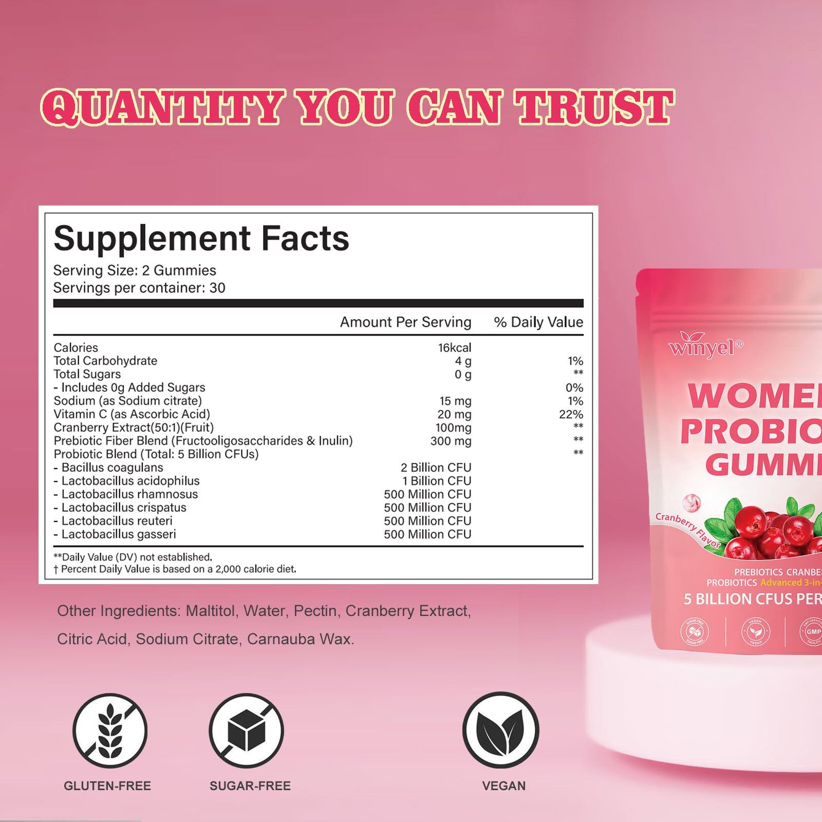 Women's Probiotic Gummies Cranberry Flavor 60 Vegan Gummies Per Pack For Intimate Health PH Balance & Freshness Support Individually Packaged For Convenience - Healthcare, Dietary