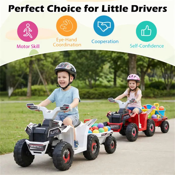 2 In 1 Kids Ride On ATV With Removable Trailer, 6V Electric Quad For Toddlers Ages 3+ White