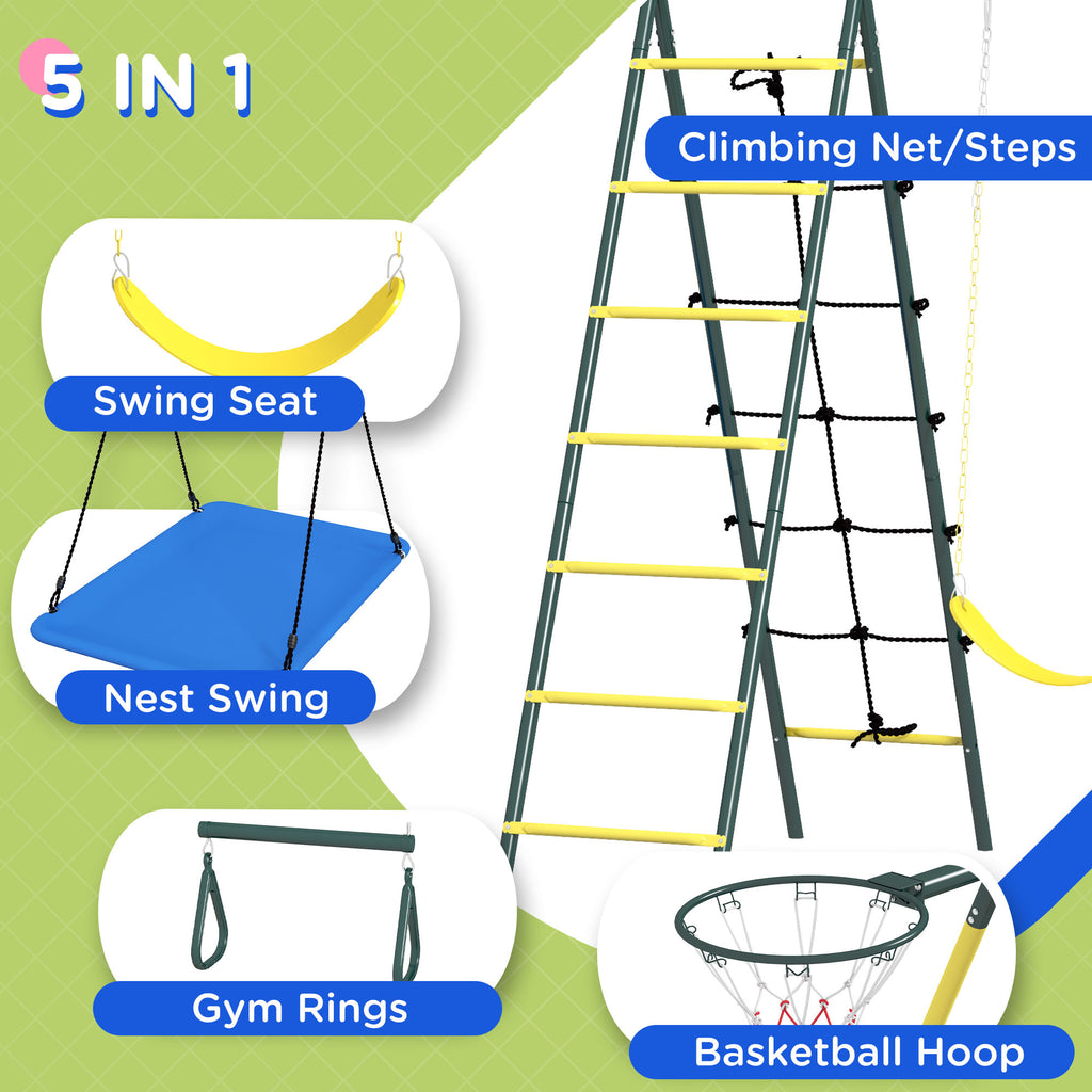 Metal Swing Set for Backyard 5 in 1 Design Holds up to 440 lbs. for Ages 3-8, Yellow