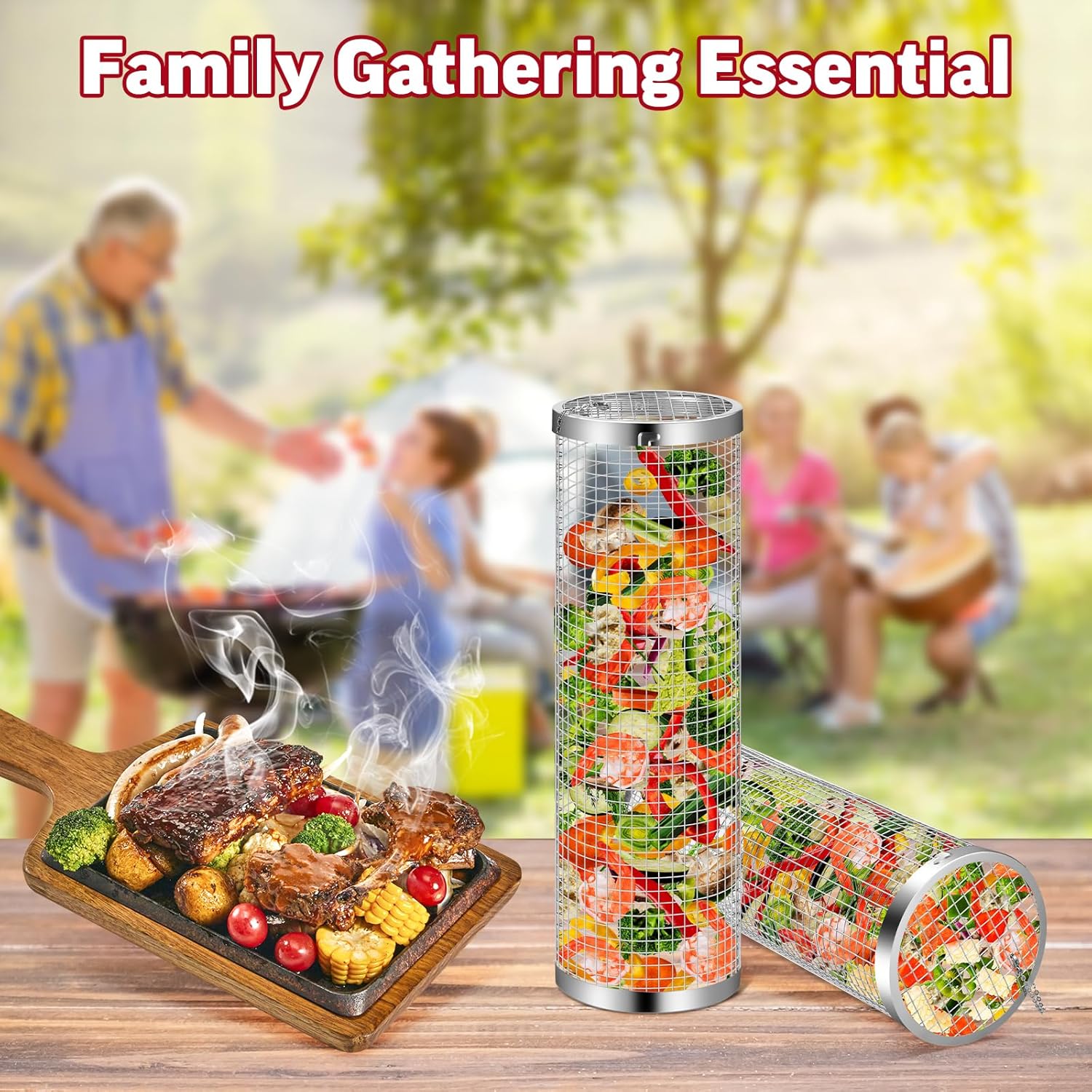 Rolling Grill Basket BBQ Set – 304 Stainless Steel, 10-Piece Grilling Kit