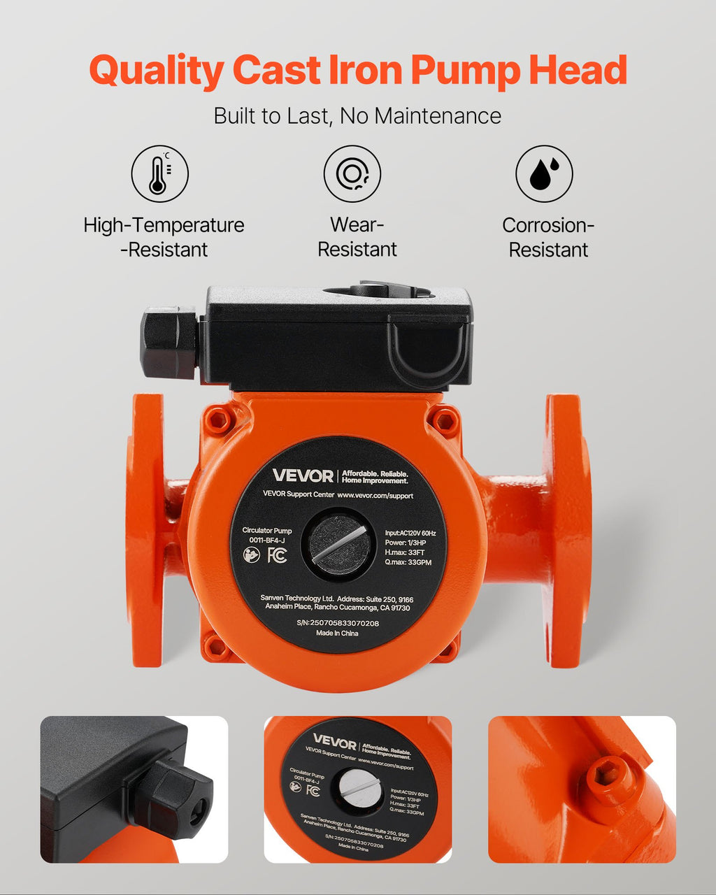 0011-BF4-J Cast Iron Circulator Pump, 33 GPM, AC 120V 33 Ft Hot Water Recirculating Circulation Pump, 1-1/4 In Flange Connection, 3-Speed Adjustment, Quiet Operation, For Home Heating System