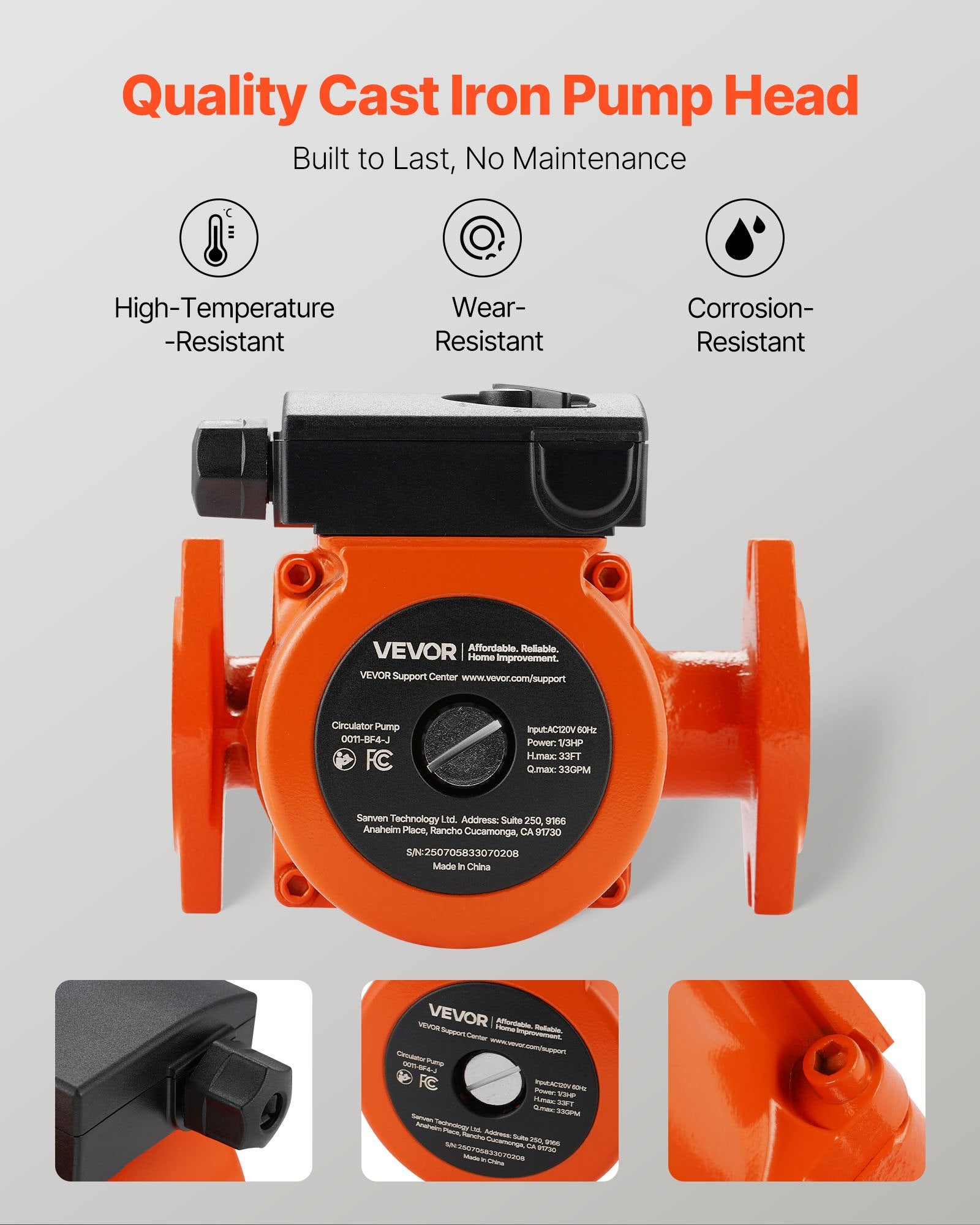 0011-BF4-J Cast Iron Circulator Pump, 33 GPM, AC 120V 33 Ft Hot Water Recirculating Circulation Pump, 1-1/4 In Flange Connection, 3-Speed Adjustment, Quiet Operation, For Home Heating System